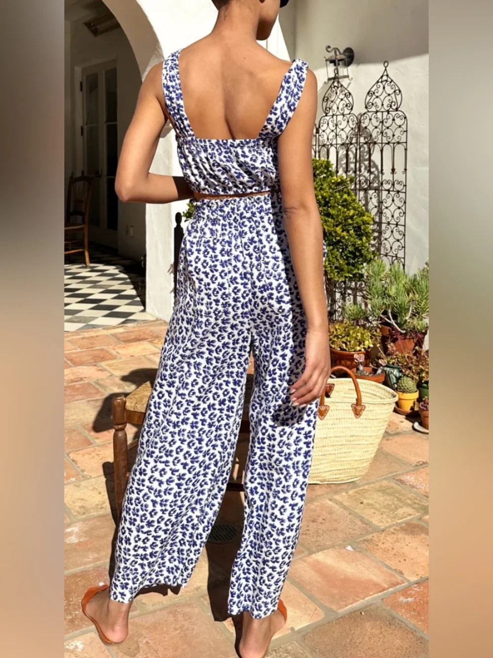 Emerson Fry Blue White Floral Wide-Leg Pants And Crop Top Matching Set